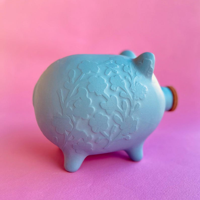 Keramik-Sparschwein mit Blumenrelief, Steinzeug, Grau, 16 cm Höhe
