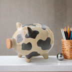 Keramik Sparschwein mit Kuhdruck - Handgefertigte Spardose für Münzen, Bauernhaus Dekoration, Groß 16 cm