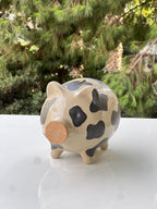 Keramik Sparschwein mit Kuhdruck - Handgefertigte Spardose für Münzen, Bauernhaus Dekoration, Groß 16 cm