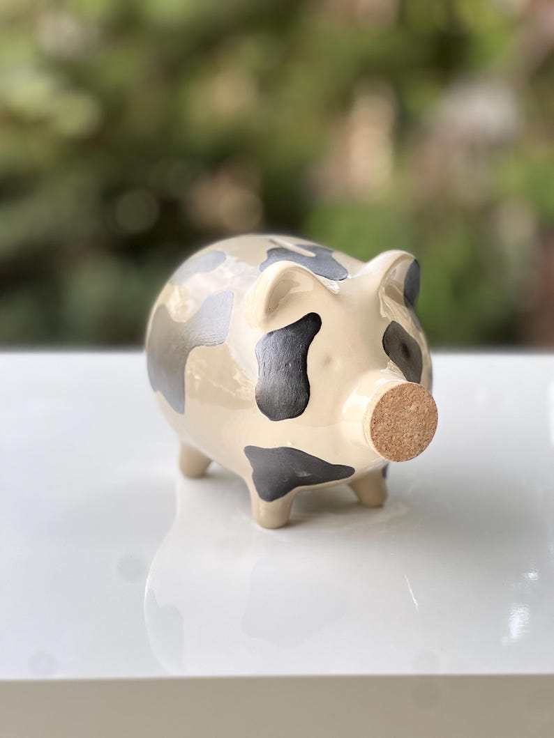Keramik Sparschwein mit Kuhdruck - Handgefertigte Spardose für Münzen, Bauernhaus Dekoration, Groß 16 cm