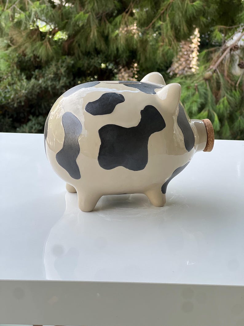 Keramik Sparschwein mit Kuhdruck - Handgefertigte Spardose für Münzen, Bauernhaus Dekoration, Groß 16 cm