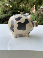 Keramik Sparschwein mit Kuhdruck - Handgefertigte Spardose für Münzen, Bauernhaus Dekoration, Groß 16 cm