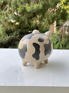 Keramik Sparschwein mit Kuhdruck - Handgefertigte Spardose für Münzen, Bauernhaus Dekoration, Groß 16 cm