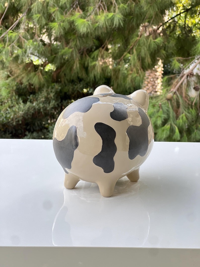 Keramik Sparschwein mit Kuhdruck - Handgefertigte Spardose für Münzen, Bauernhaus Dekoration, Groß 16 cm