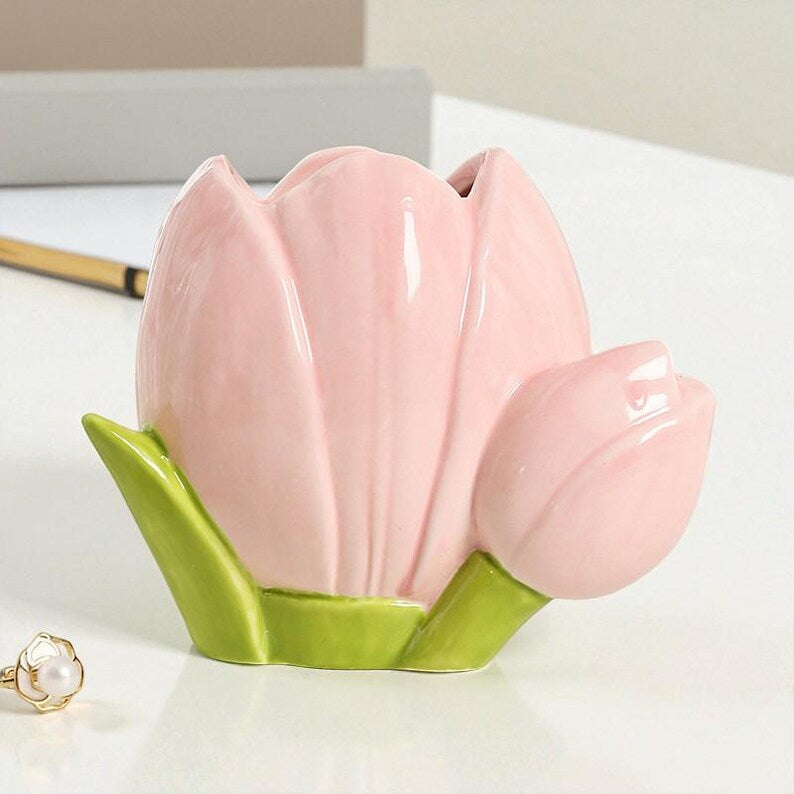 Keramik Tulip Make-up Pinsel Halter, Blumen Stiftetopf für Schreibtisch, Floral Bleistift Organizer