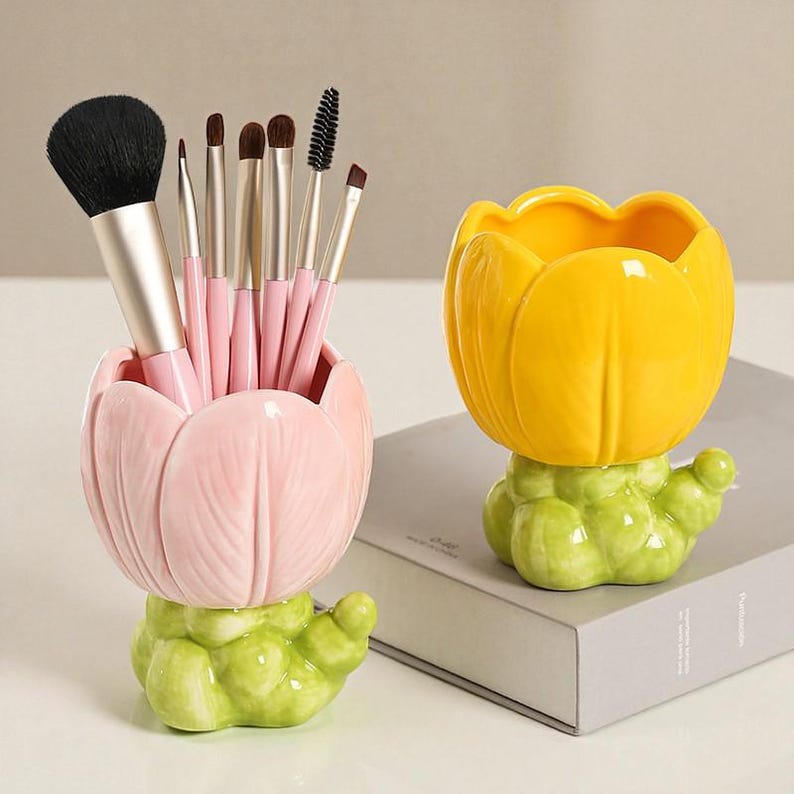 Keramik Tulip Make-up Pinsel Halter, Blumen Stiftetopf für Schreibtisch, Floral Bleistift Organizer