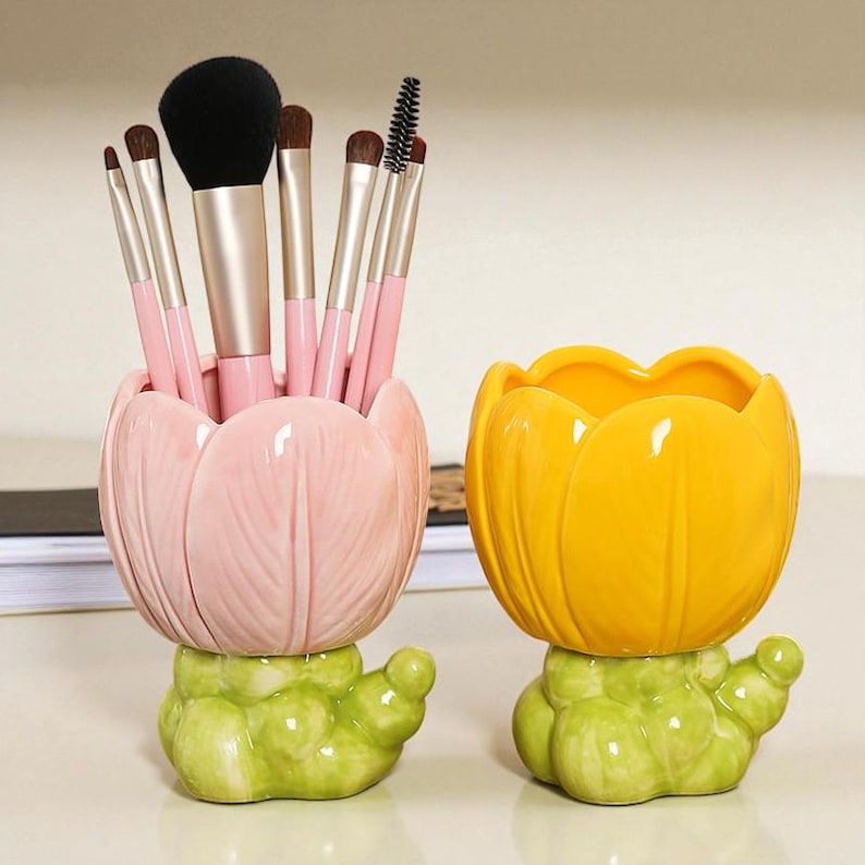 Keramik Tulip Make-up Pinsel Halter, Blumen Stiftetopf für Schreibtisch, Floral Bleistift Organizer