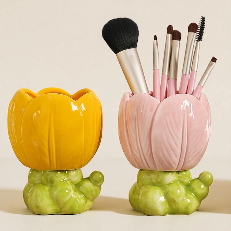 Keramik Tulip Make-up Pinsel Halter, Blumen Stiftetopf für Schreibtisch, Floral Bleistift Organizer