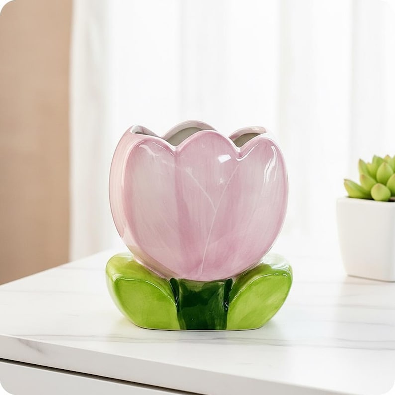 Keramik Blumen Stiftehalter Tulip & Blossom Schreibtisch Organizer Pastell Make-up Pinsel Ständer