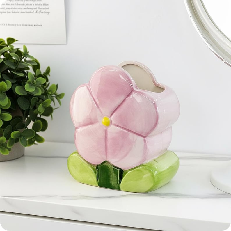 Keramik Blumen Stiftehalter Tulip & Blossom Schreibtisch Organizer Pastell Make-up Pinsel Ständer