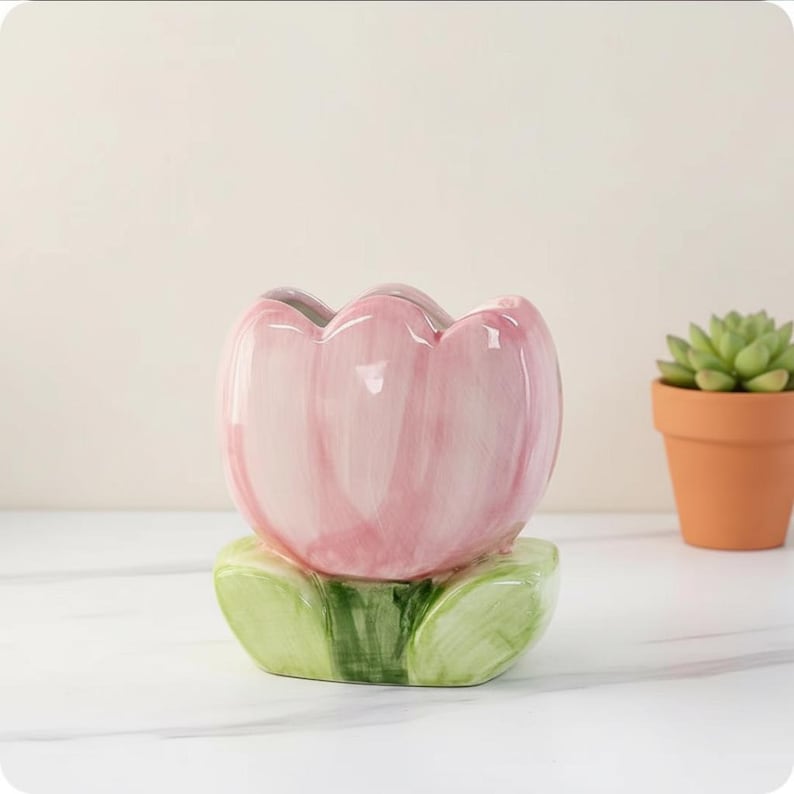 Keramik Blumen Stiftehalter Tulip & Blossom Schreibtisch Organizer Pastell Make-up Pinsel Ständer