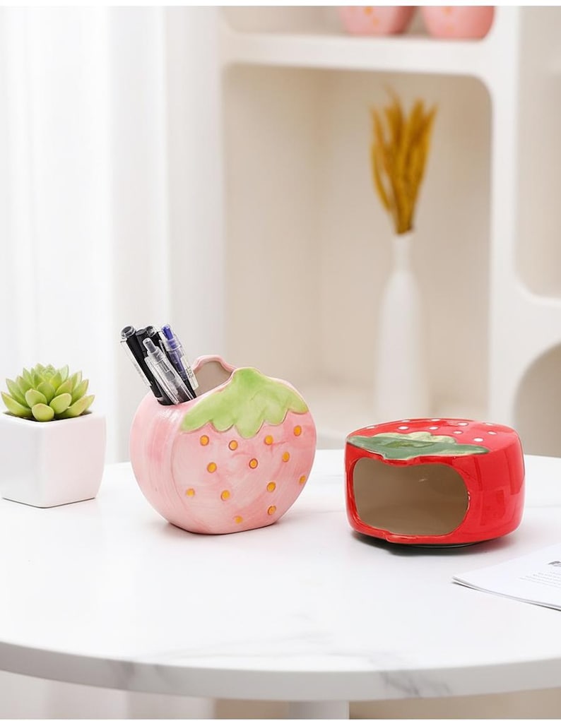 Keramik Erdbeere Stifthalter, Rosa Rot Schreibtisch Organizer, Cottagecore Büro Dekor