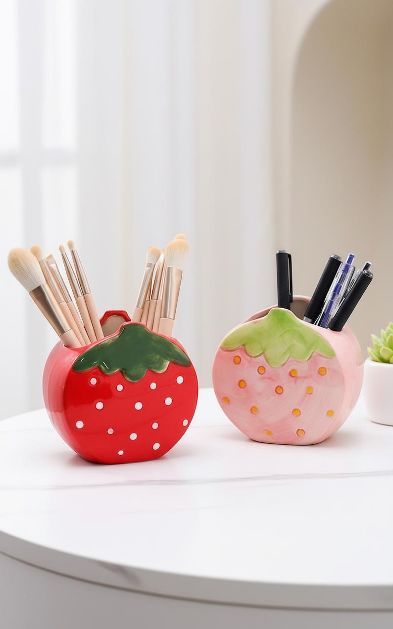Keramik Erdbeere Stifthalter, Rosa Rot Schreibtisch Organizer, Cottagecore Büro Dekor