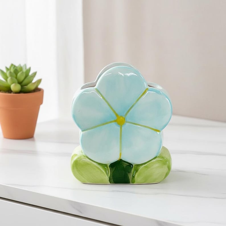 Keramik Blumen Stiftehalter Tulip & Blossom Schreibtisch Organizer Pastell Make-up Pinsel Ständer