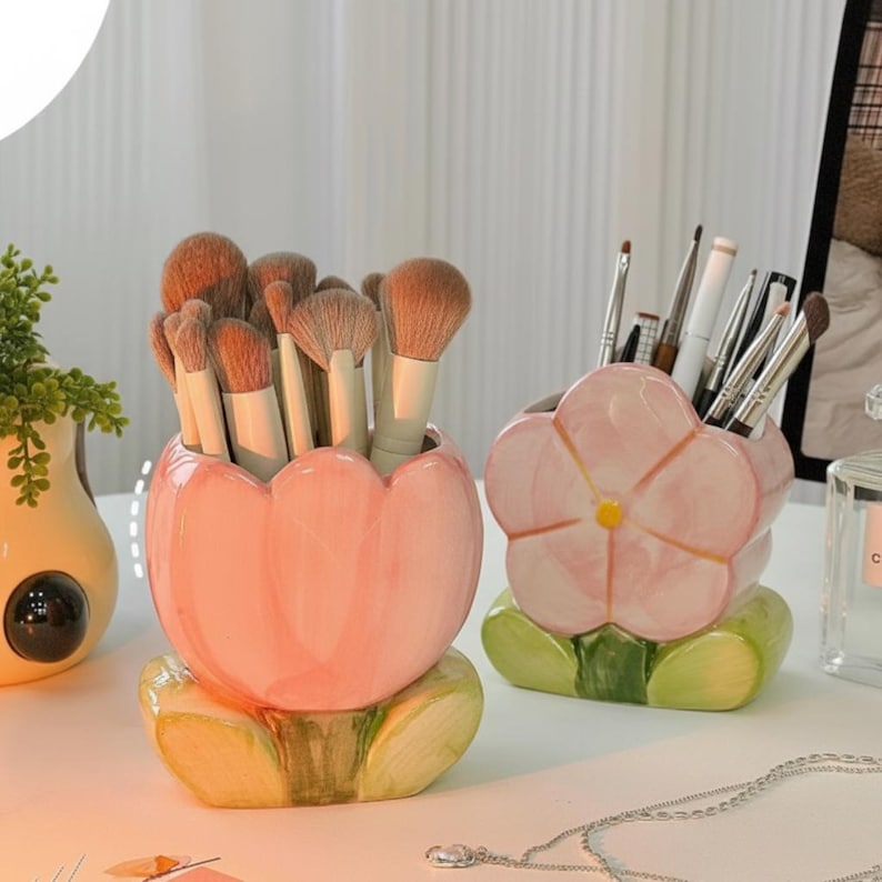 Keramik Blumen Stiftehalter Tulip & Blossom Schreibtisch Organizer Pastell Make-up Pinsel Ständer