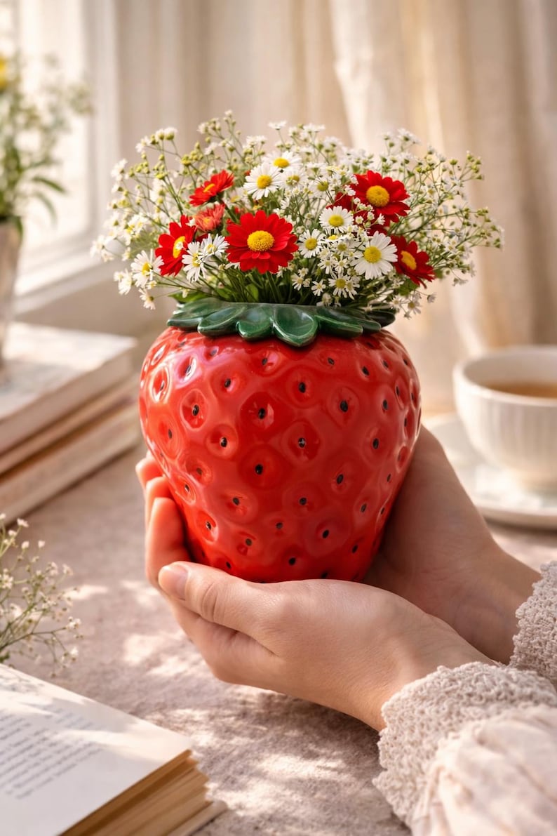 Keramikvase Erdbeerform, glasierte Obstvase, kleine Deko-Vase, 11 cm, rot/pink
