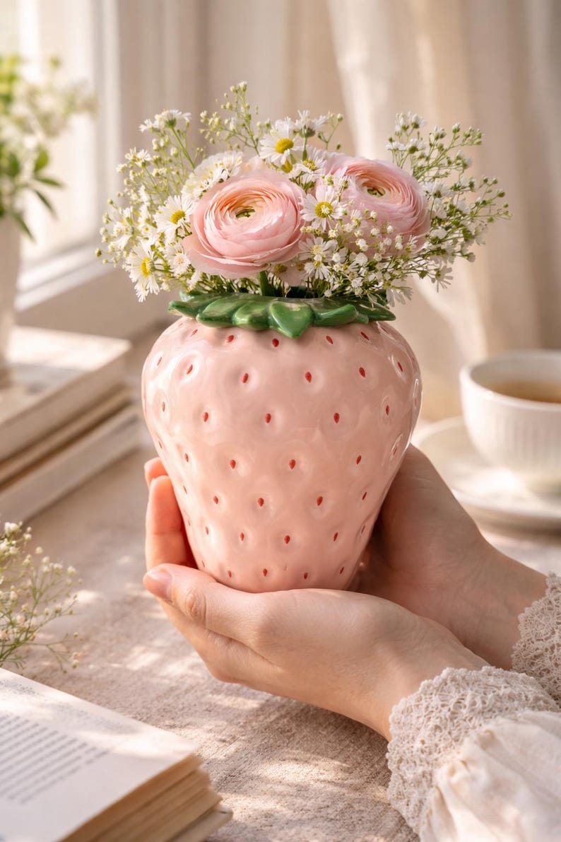 Keramikvase Erdbeerform, glasierte Obstvase, kleine Deko-Vase, 11 cm, rot/pink