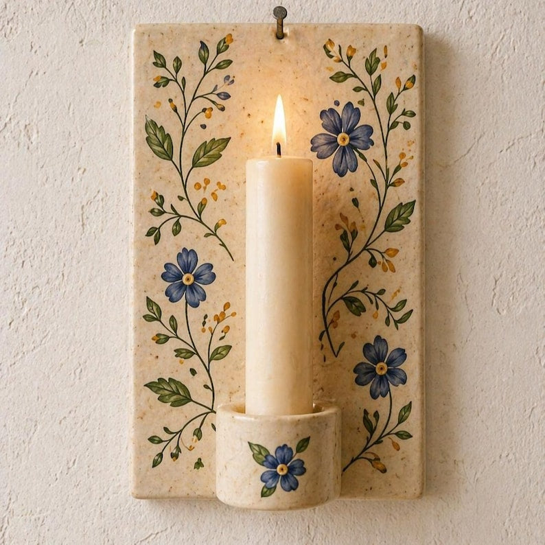 Keramik Wandkerzenhalter Floral, Wandkerze, Küchen Wanddeko, Cottagecore Deko, handgemalt