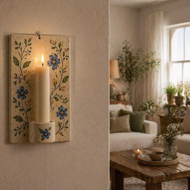 Keramik Wandkerzenhalter Floral, Wandkerze, Küchen Wanddeko, Cottagecore Deko, handgemalt