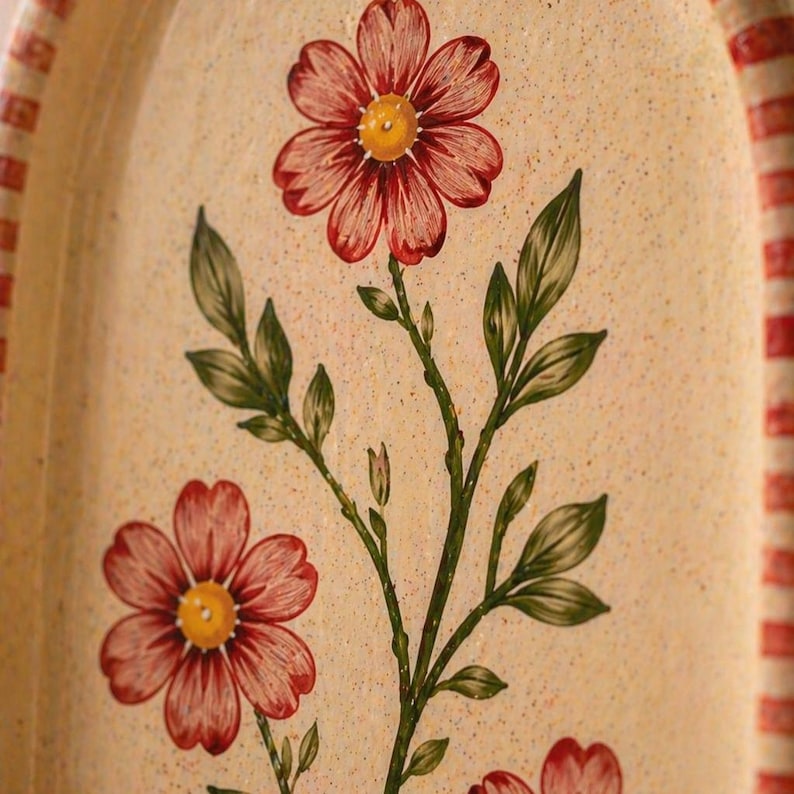 Keramik Wandkerzenhalter mit Handgemaltem Rotem Blumendesign