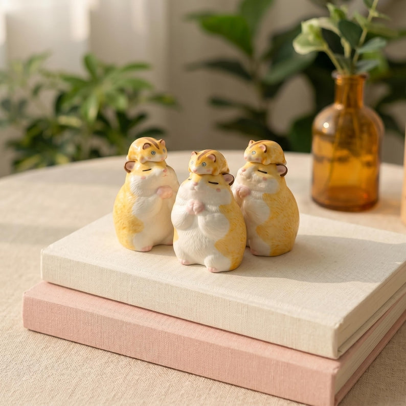 Keramik Tierfigur mit Holzsockel, 5 cm Schreibtischdekoration, Hamster Figur