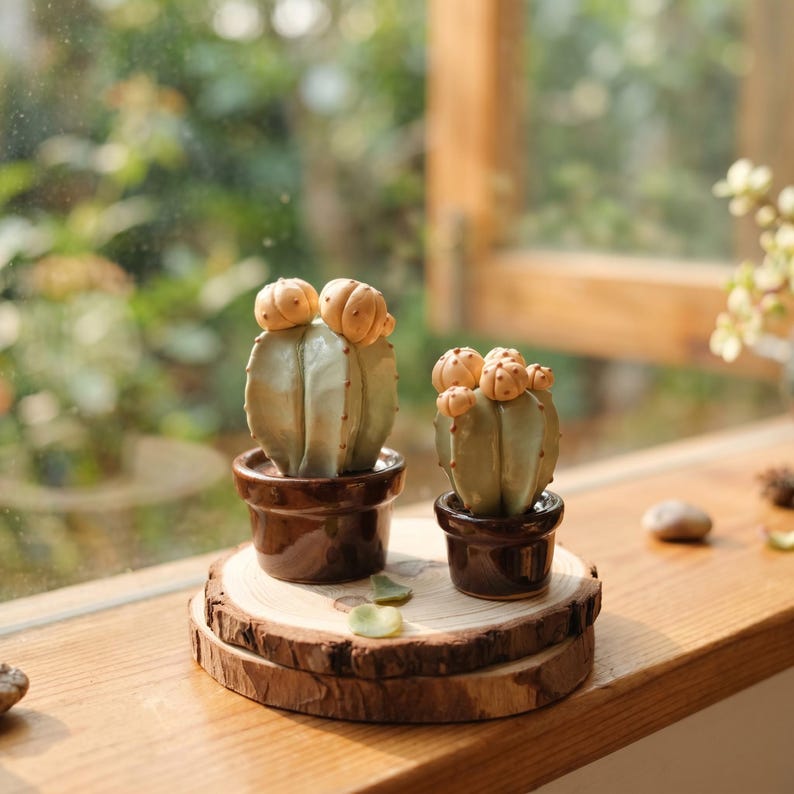 Mini Keramik Kaktus Figur Set, 2er Set, Kleiner Topf Sukkulente, Boho Regal Schreibtiscash Dekor, Geschenk für Pflanzenliebhaber