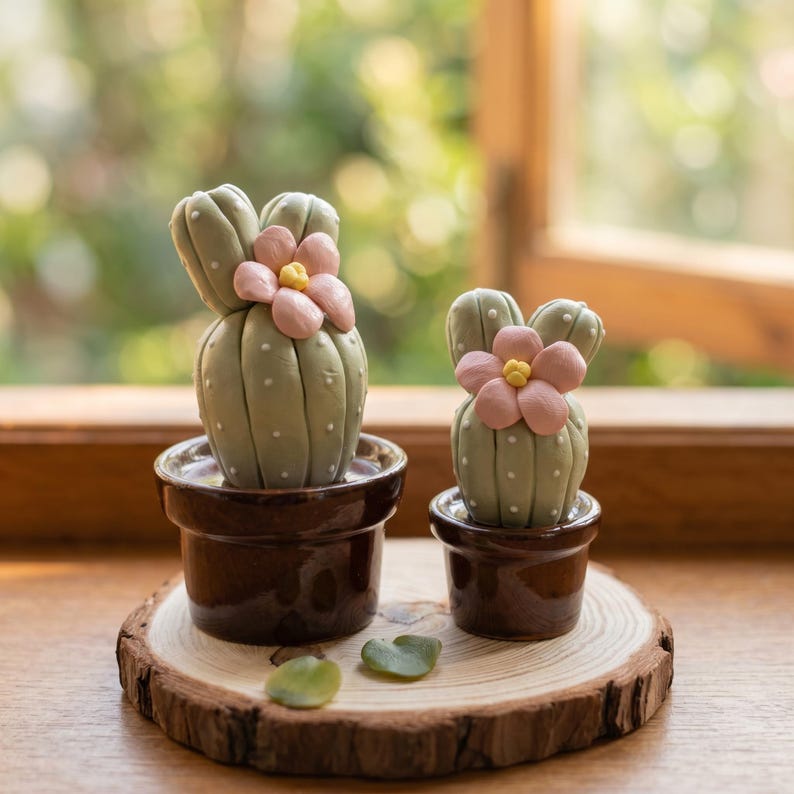 Mini Keramik Kaktus Figur Set, 2er Set, Kleiner Topf Sukkulente, Boho Regal Schreibtiscash Dekor, Geschenk für Pflanzenliebhaber