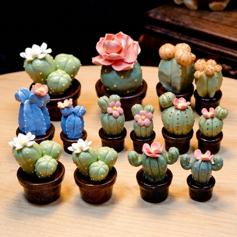 Mini Keramik Kaktus Figur Set, 2er Set, Kleiner Topf Sukkulente, Boho Regal Schreibtiscash Dekor, Geschenk für Pflanzenliebhaber