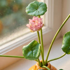 Keramik Lotus & Orange Vase mit künstlichen rosa Lotusblüten und Seerosenblättern