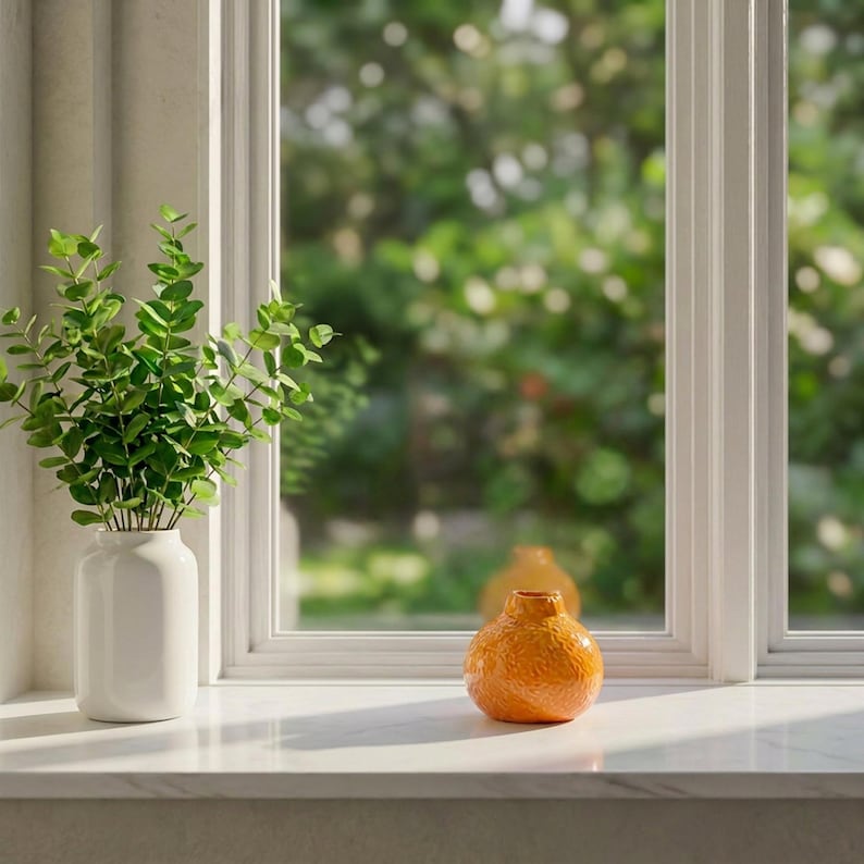Keramik Lotus & Orange Vase mit künstlichen rosa Lotusblüten und Seerosenblättern