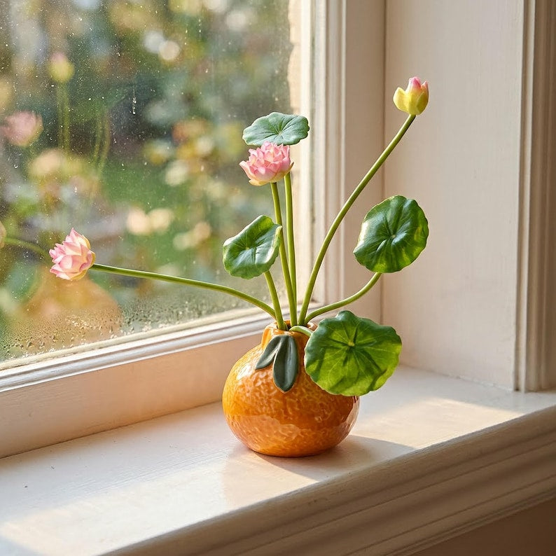 Keramik Lotus & Orange Vase mit künstlichen rosa Lotusblüten und Seerosenblättern