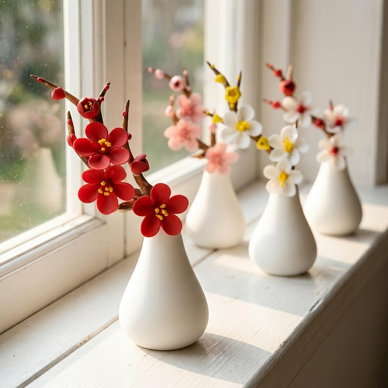 Handmodellierter Keramik Pflaumenblüten Zweig mit Vase, Schreibtischdekor