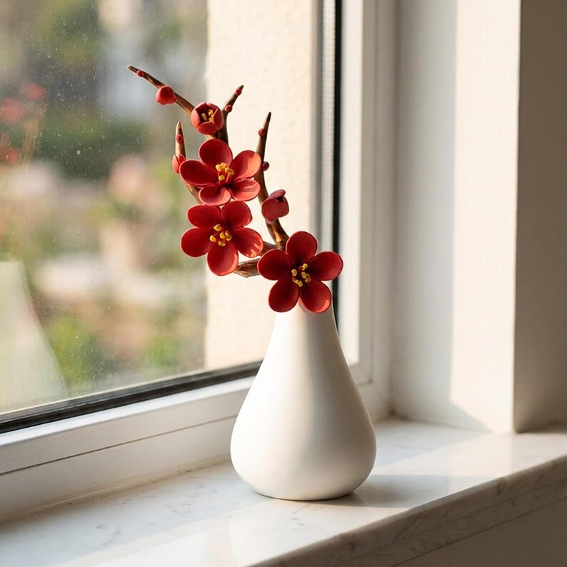 Handmodellierter Keramik Pflaumenblüten Zweig mit Vase, Schreibtischdekor