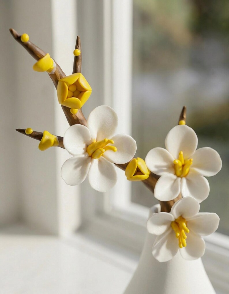 Handmodellierter Keramik Pflaumenblüten Zweig mit Vase, Schreibtischdekor
