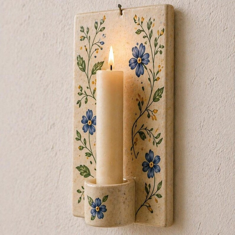 Keramik Wandkerzenhalter Floral, Wandkerze, Küchen Wanddeko, Cottagecore Deko, handgemalt