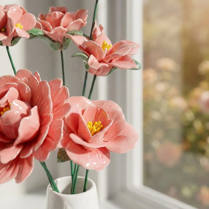 Glasierte Keramik Pfingstrose & Kamelie Kunstblumen, 42 cm Blumenstrauß