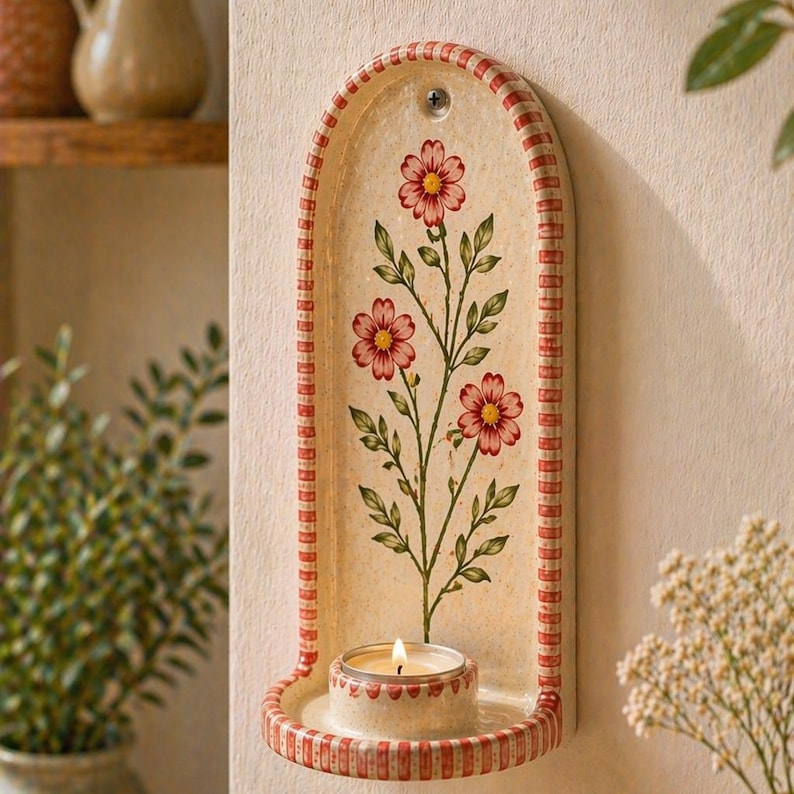 Keramik Wandkerzenhalter mit Handgemaltem Rotem Blumendesign