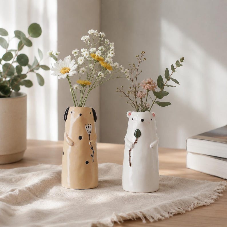 Keramik Bär und Hund Blumenvase, Tiervase, Wohnkultur