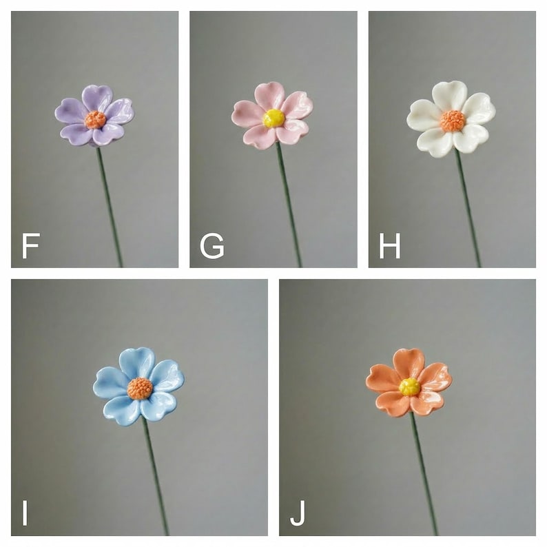 Keramik Blumenstrauß, glasierte Kunstblumen mit Drahtstiel, 21 cm Stiellänge, 3,5 cm Blütenkopf, Vase 10,5 cm