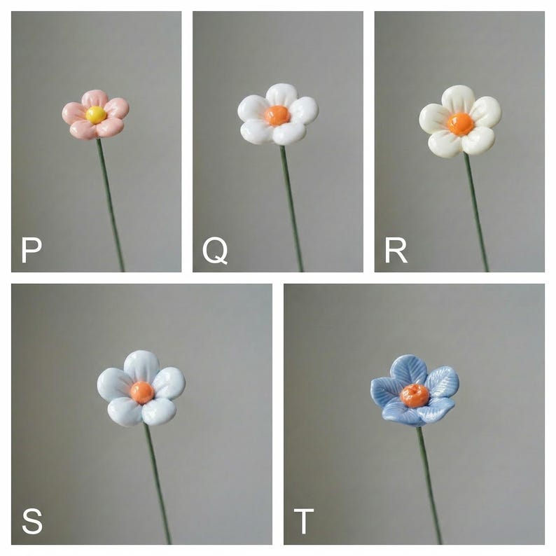 Keramik Blumenstrauß, glasierte Kunstblumen mit Drahtstiel, 21 cm Stiellänge, 3,5 cm Blütenkopf, Vase 10,5 cm
