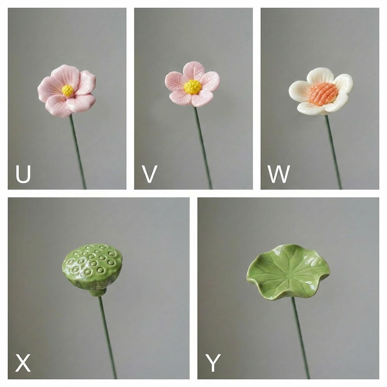 Keramik Blumenstrauß, glasierte Kunstblumen mit Drahtstiel, 21 cm Stiellänge, 3,5 cm Blütenkopf, Vase 10,5 cm