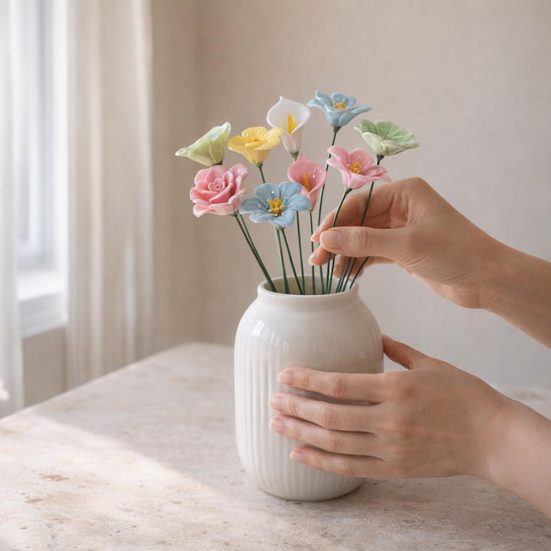 Keramik Blumenstiele - Handgefertigte Blumendekoration - Dekorative Vase Blumen