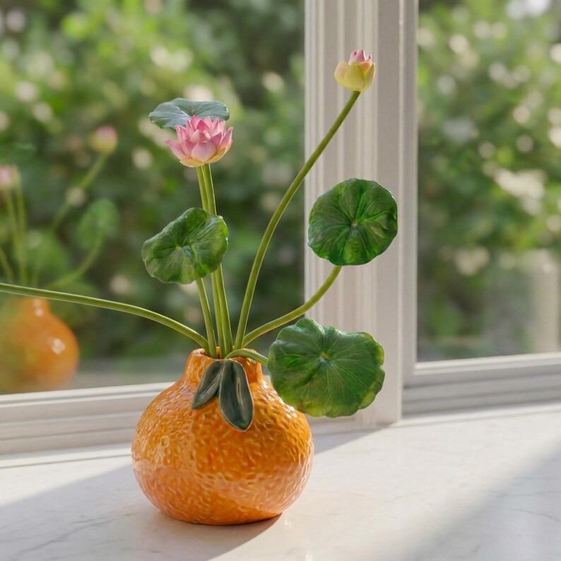 Keramik Lotus & Orange Vase mit künstlichen rosa Lotusblüten und Seerosenblättern