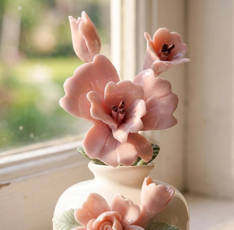 Keramik Kirschblütenvase Skulptur, rosa Blumenraum Dekor