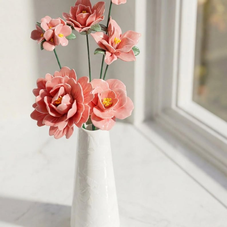 Glasierte Keramik Pfingstrose & Kamelie Kunstblumen, 42 cm Blumenstrauß