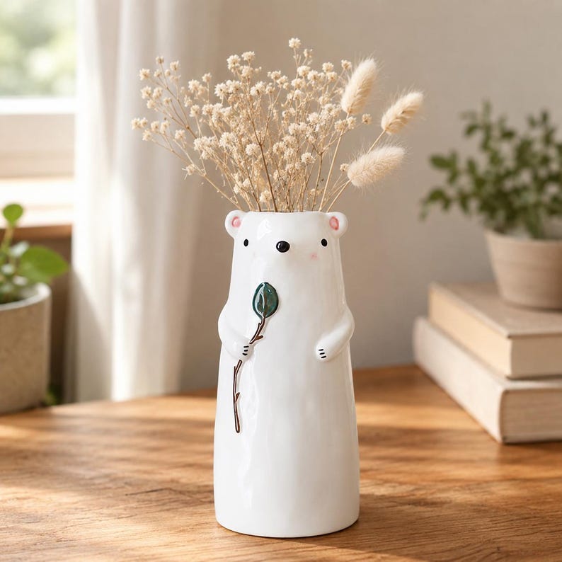 Keramik Bär und Hund Blumenvase, Tiervase, Wohnkultur