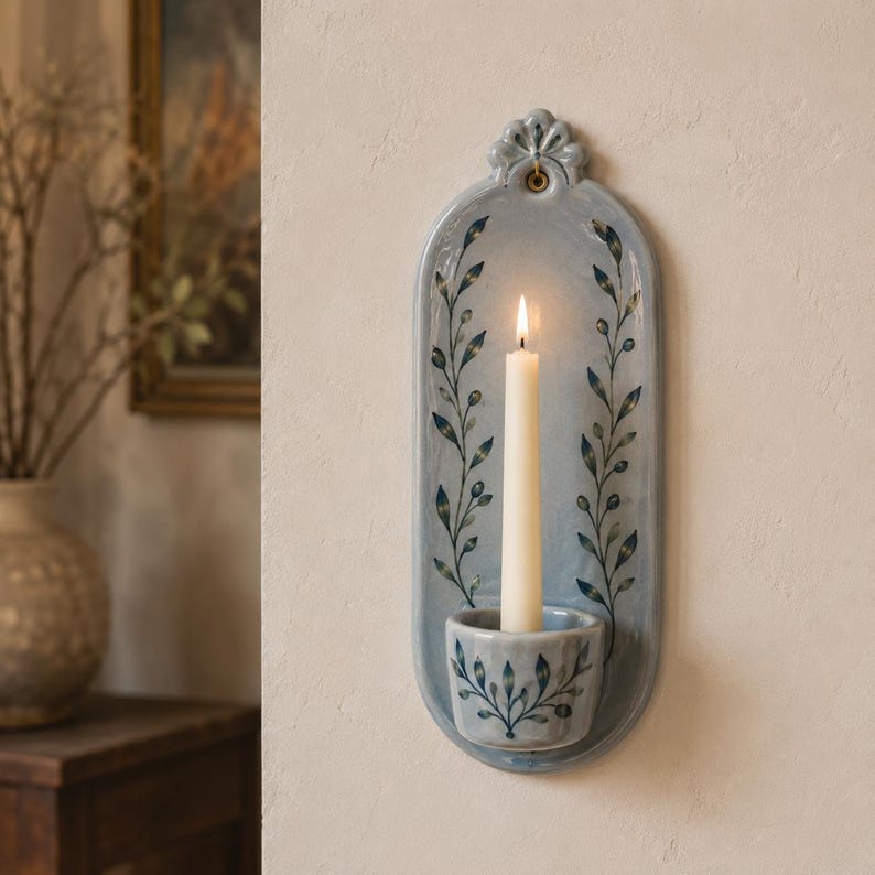 Keramik Wandkerzenhalter Handgemacht Stabkerzenhalter Powder Blue Botanisch
