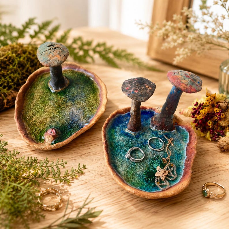 Keramik Pilz Trinket Tablett, Schmuck Catchall, Forestcore Eitelkeit Dekor