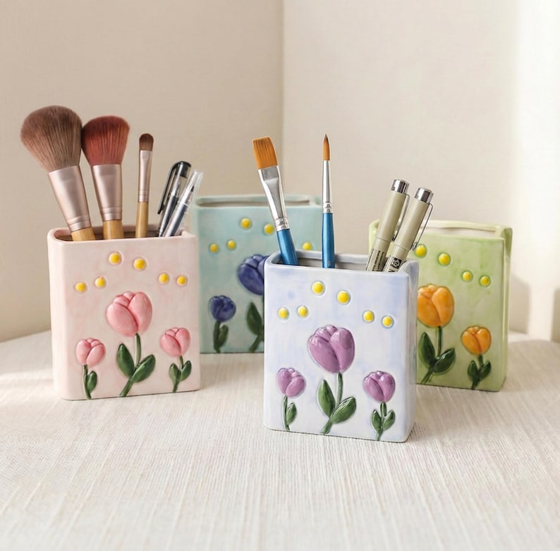 Keramik Stiftebecher mit 3D Blumenmuster, Tulpen oder Gänseblümchen, Schreibtisch Organizer, Stiftehalter, 11x7x12 cm