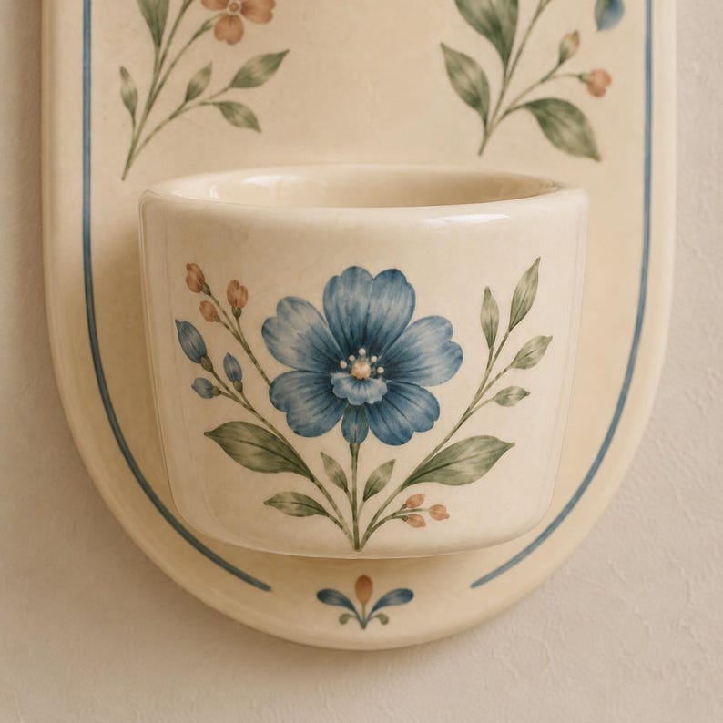 Keramik-Wandkerzenhalter mit blauen Blumen, für Stabkerze und Teelicht, handgefertigt